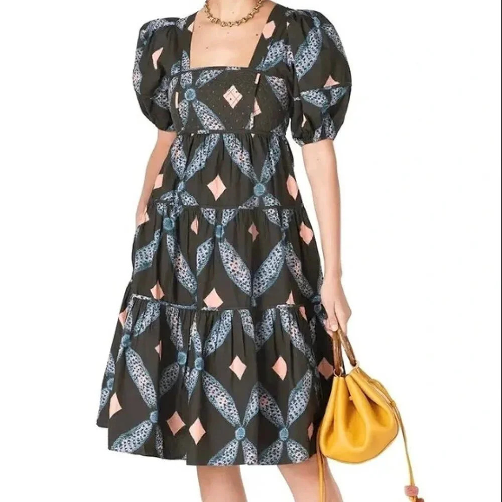 Ulla Johnson | Nora Cotton Poplin Quilted Puff Sleeve Dress in Army - Size 8